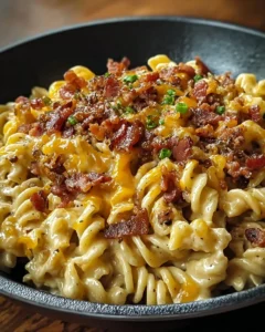 Delicious loaded bacon cheeseburger Alfredo pasta in a creamy sauce