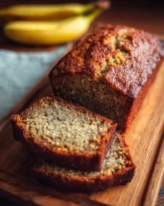 Moist banana bread with three ripe bananas, freshly baked and sliced.