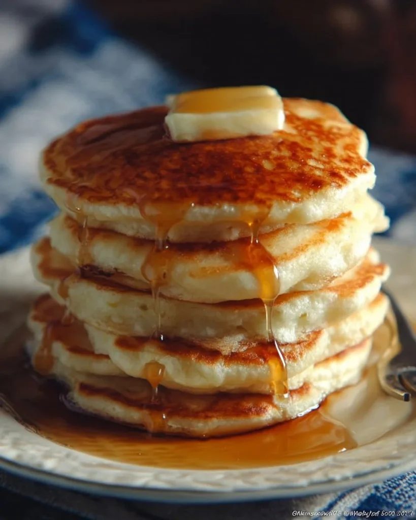 Delicious fluffy pancakes stacked on a plate with syrup and berries