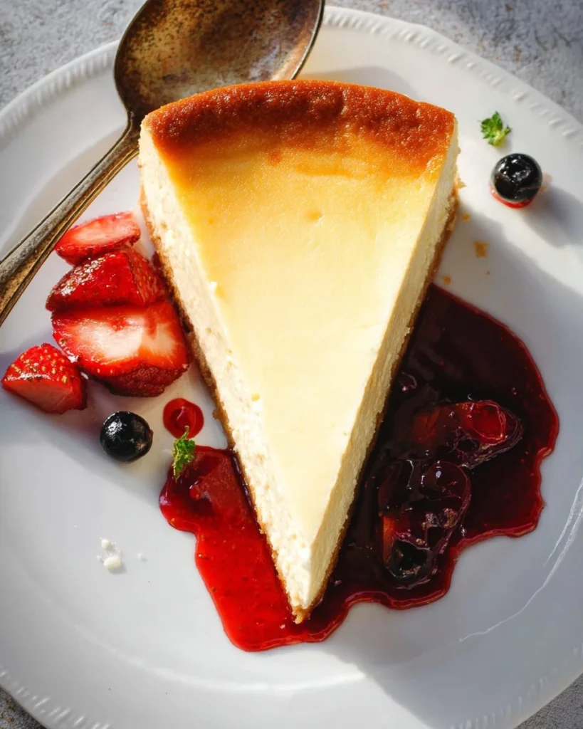 Delicious slice of New York Cheesecake topped with fresh strawberries.