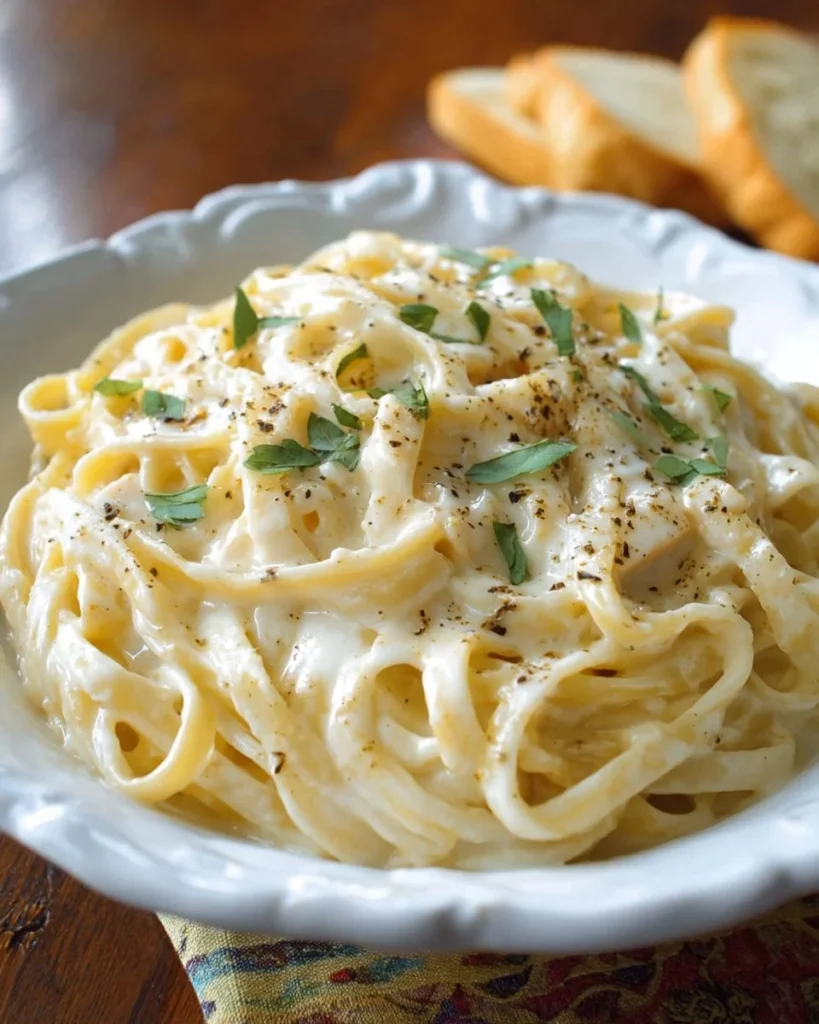 Homemade Olive Garden Alfredo sauce served with pasta.