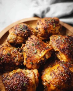 Delicious oven baked chicken thighs garnished with herbs and spices