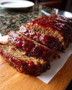 Perfectly baked brown sugar meatloaf on a plate garnished with herbs