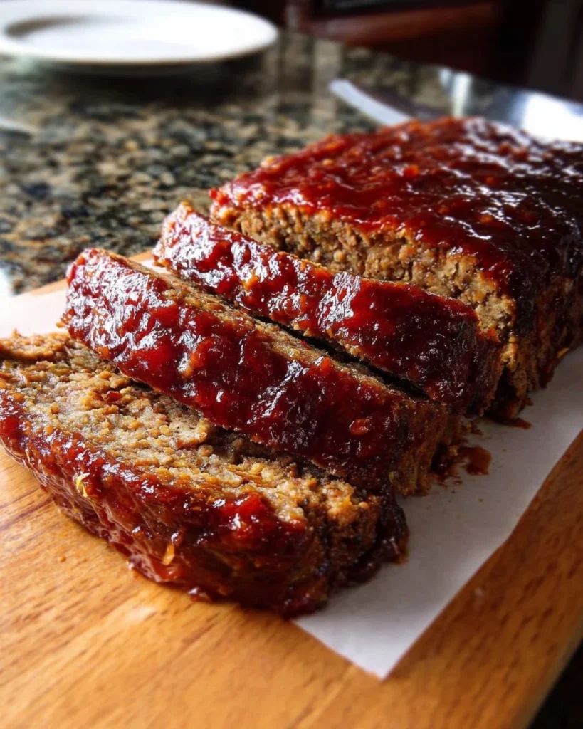 Perfectly baked brown sugar meatloaf on a plate garnished with herbs