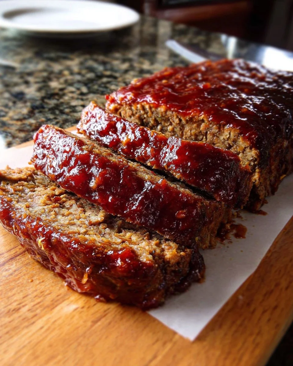 Perfectly baked brown sugar meatloaf on a plate garnished with herbs
