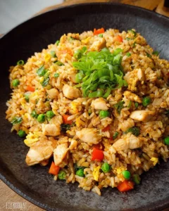 Delicious restaurant-style chicken fried rice garnished with vegetables and eggs.
