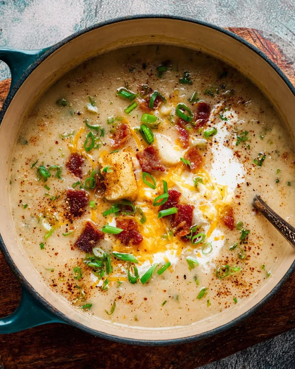 Bowl of savory potato soup garnished with herbs and served with bread