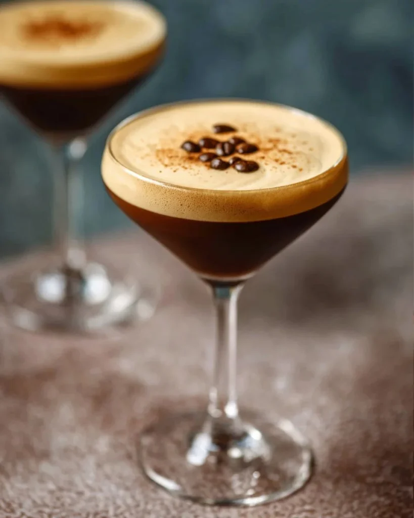 A freshly made Espresso Martini cocktail with coffee beans garnish on a bar countertop