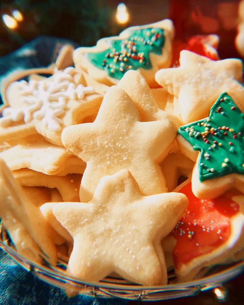 Delicious soft cut-out sugar cookies arranged on a colorful plate