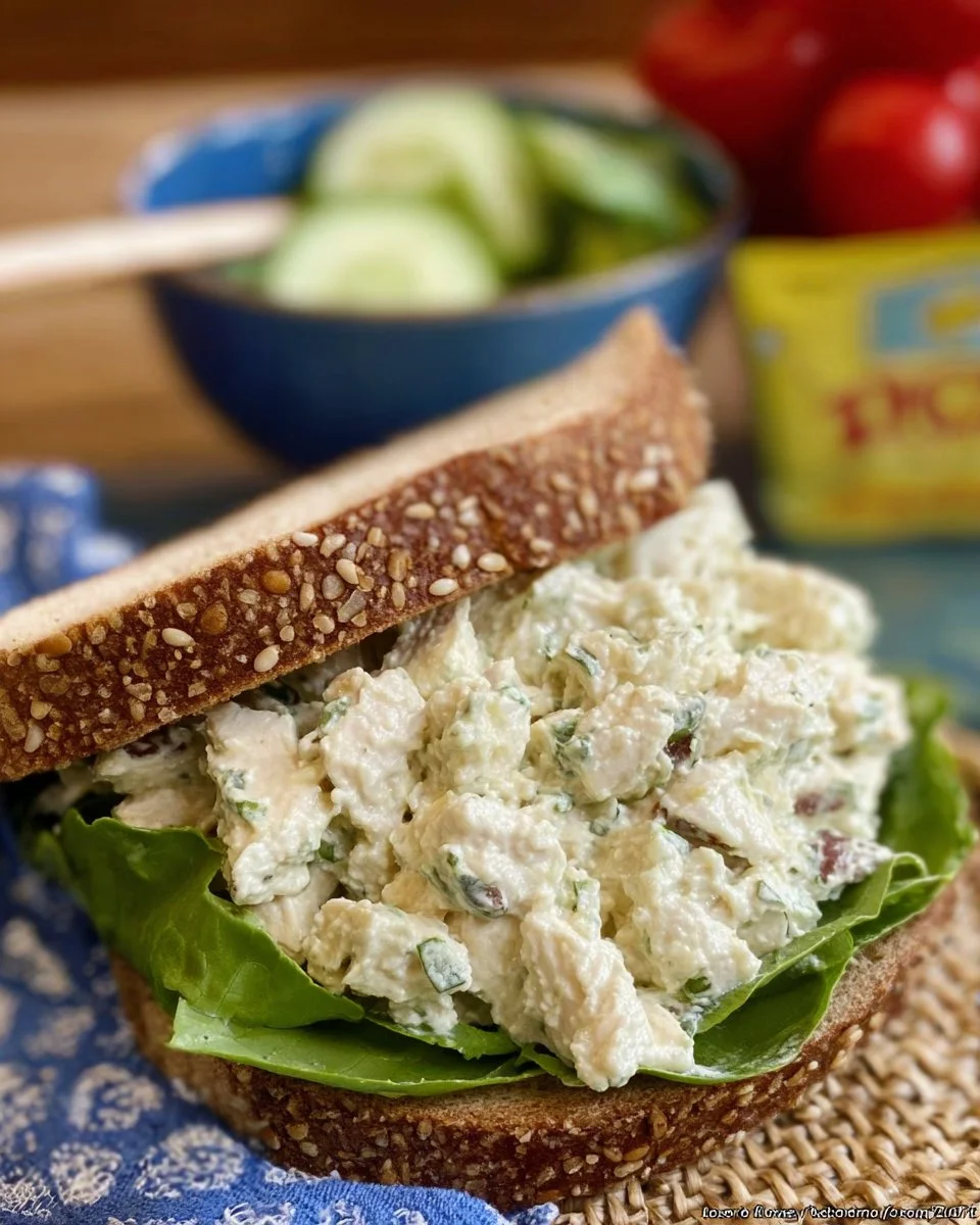 A bowl of Southern Style Chicken Salad with fresh ingredients and seasonings