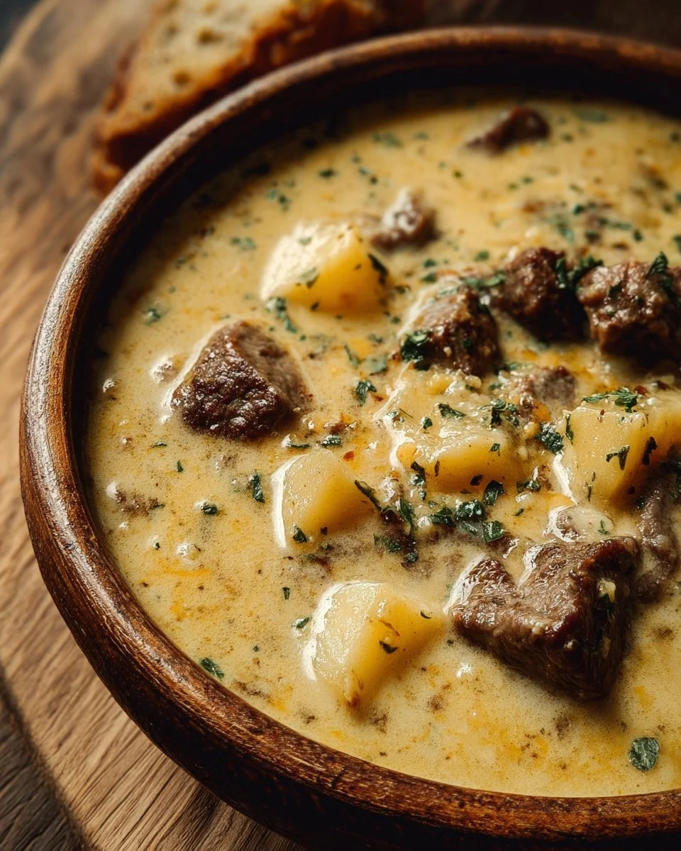 Bowl of hearty steak and potato soup with fresh herbs
