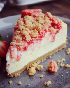 Delicious strawberry crunch cheesecake topped with strawberry sauce and crumbs