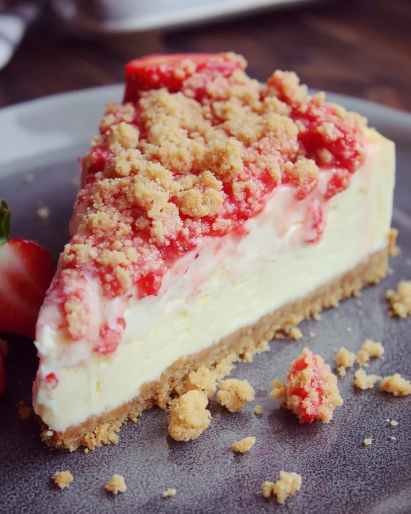 Delicious strawberry crunch cheesecake topped with strawberry sauce and crumbs