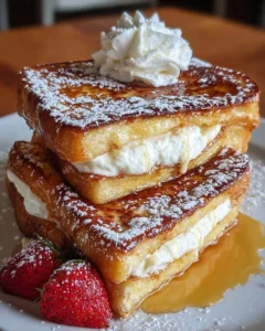 Delicious stuffed cream cheese French toast topped with syrup and fresh berries