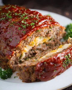 Delicious stuffed meatloaf with a savory filling showcased on a rustic wooden table.