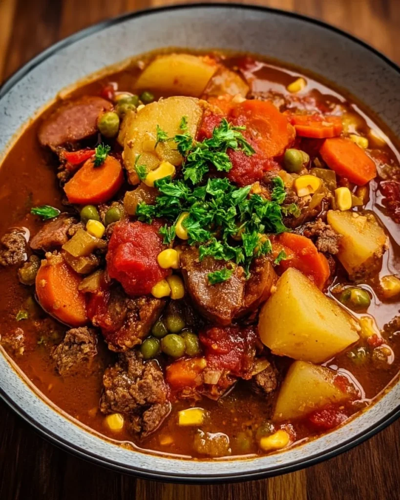 A bowl of Texas Cowboy Stew filled with meat, beans, and vegetables