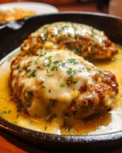 Texas Roadhouse smothered chicken topped with jack cheese served on a plate