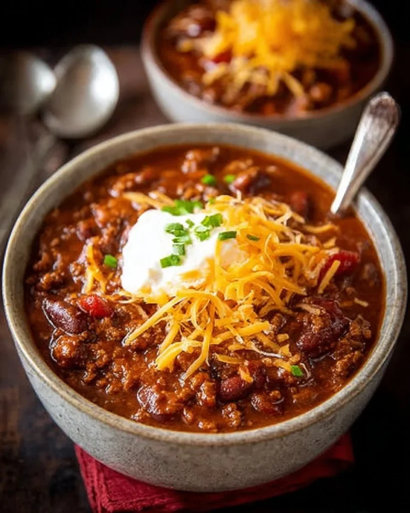 Bowl of classic chili garnished with cheese and herbs
