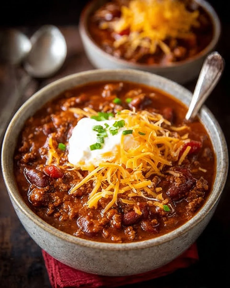 Bowl of classic chili garnished with cheese and herbs