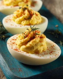 Platter of delicious classic deviled eggs garnished with paprika