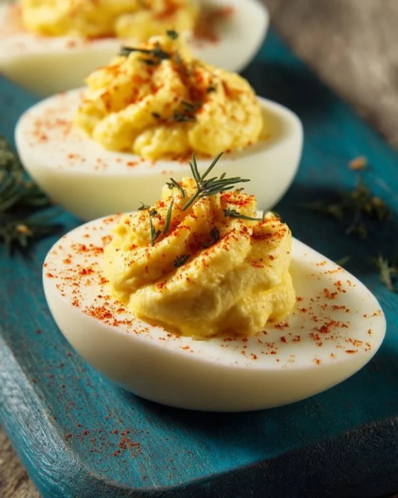 Platter of delicious classic deviled eggs garnished with paprika