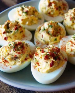 Platter of the BEST deviled eggs garnished with paprika and herbs