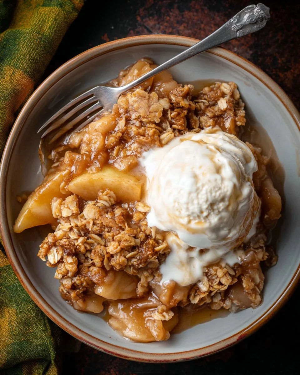 Delicious homemade apple crisp recipe with oats served in a warm dish