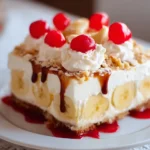 Delicious Banana Split Cake with layers of banana, cream, and chocolate.