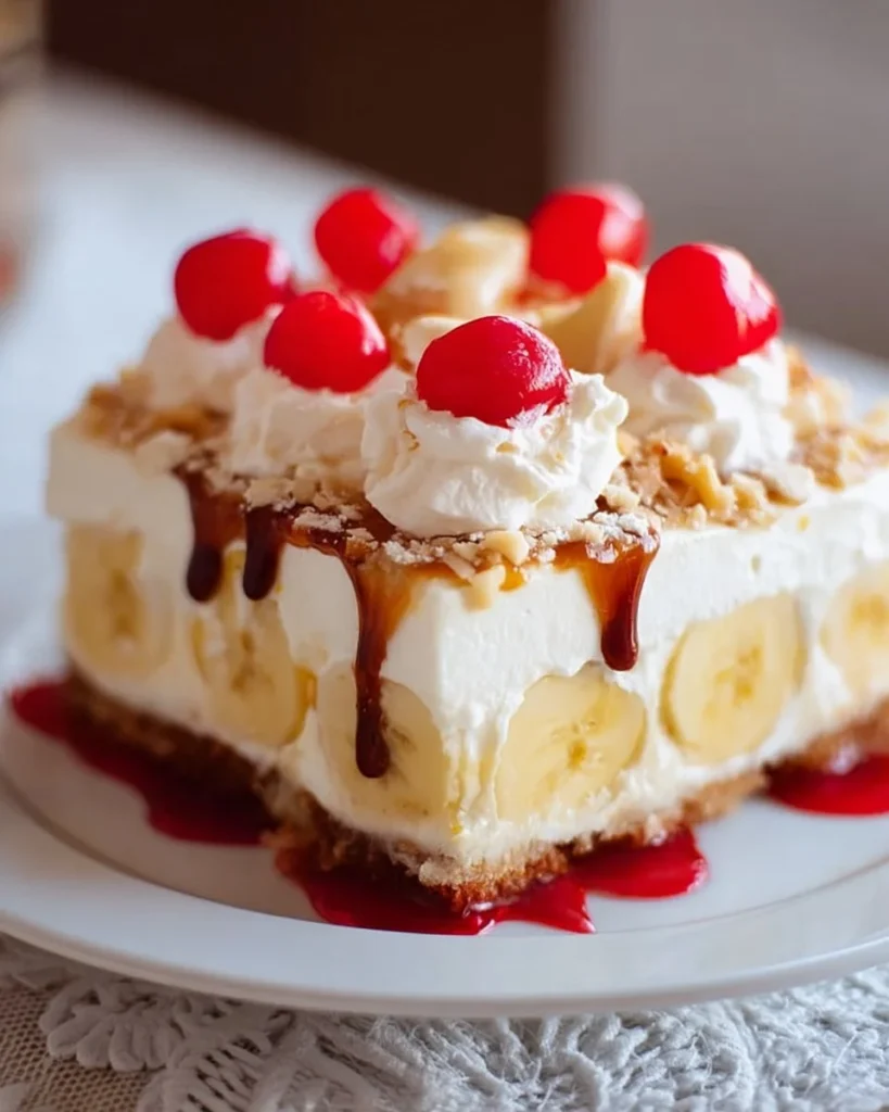 Delicious Banana Split Cake with layers of banana, cream, and chocolate.