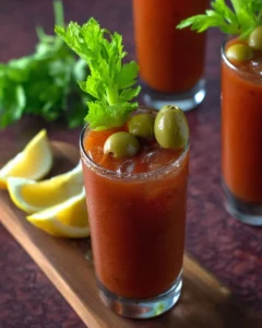 Homemade Bloody Mary mix ingredients and garnished cocktail glass