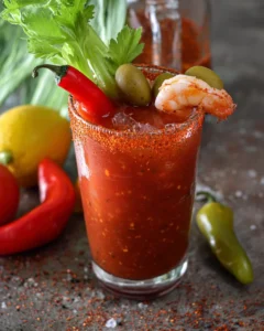 Delicious Spicy Bloody Mary cocktail garnished with celery and spices