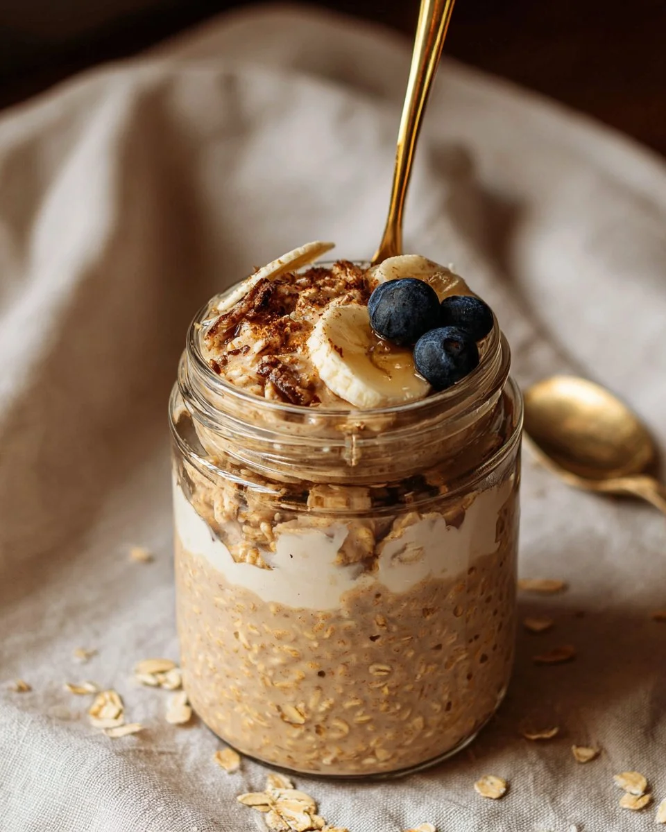 Bowl of brown sugar overnight oats topped with fruit and nuts