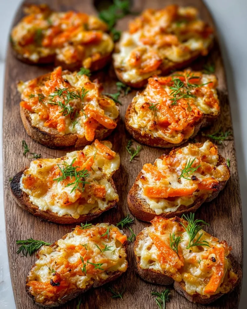 Cheesy Carrot Canapés served on a platter, featuring toasted carrot and melted cheese.