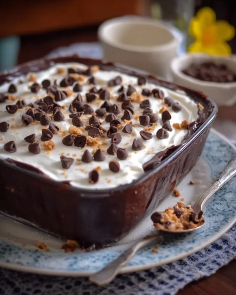Delicious Chocolate No Bake Cake decorated with chocolate shavings