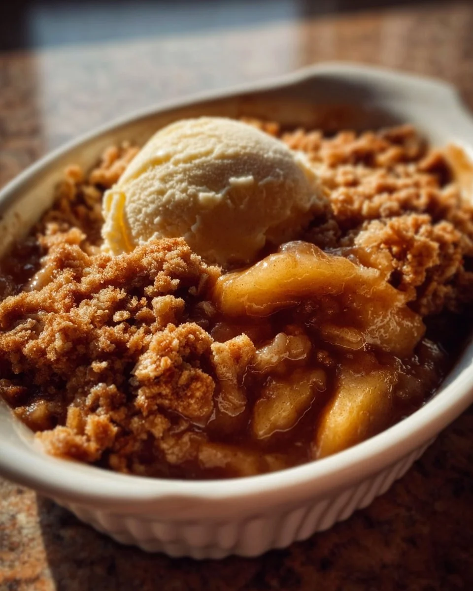 Freshly baked classic apple crisp with a golden oat topping