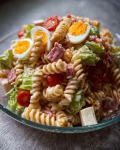 Delicious Club Sandwich Pasta Salad with layered ingredients and vibrant colors.
