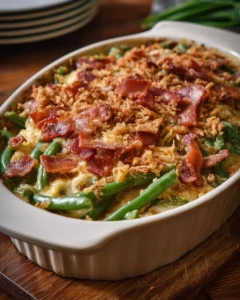 Cream cheese and bacon green bean casserole served in a dish