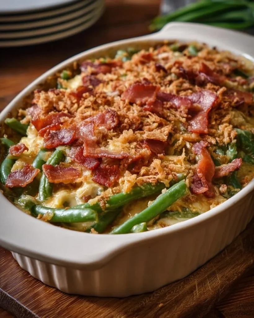 Cream cheese and bacon green bean casserole served in a dish
