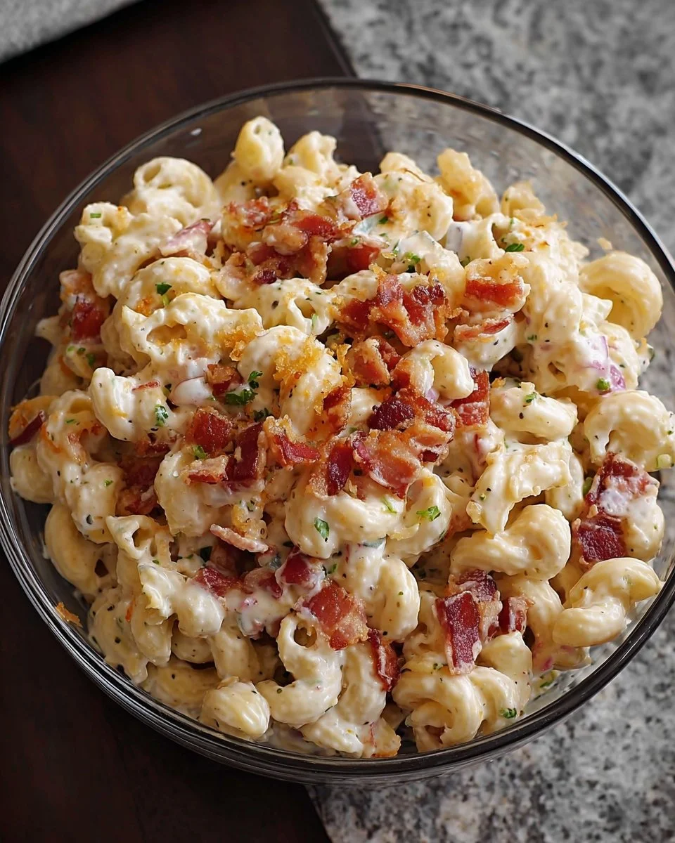 Creamy bacon cheddar ranch pasta salad in a white serving bowl