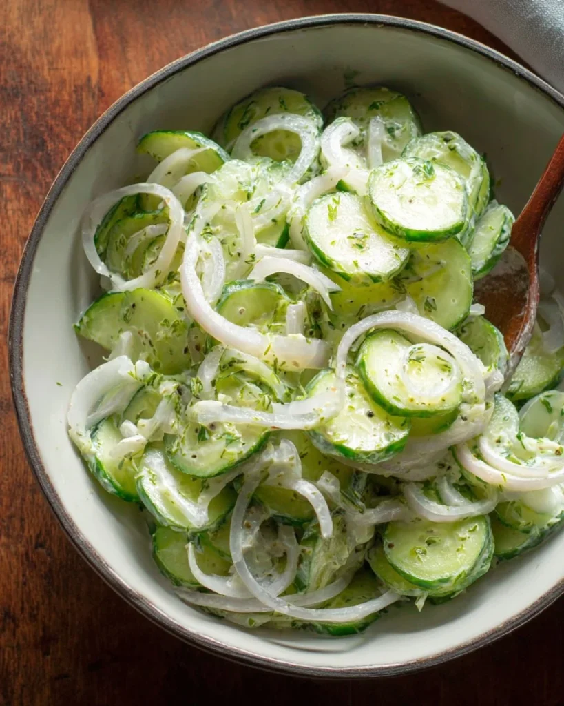 Creamy Cucumber Onion Salad with fresh vegetables and dressing