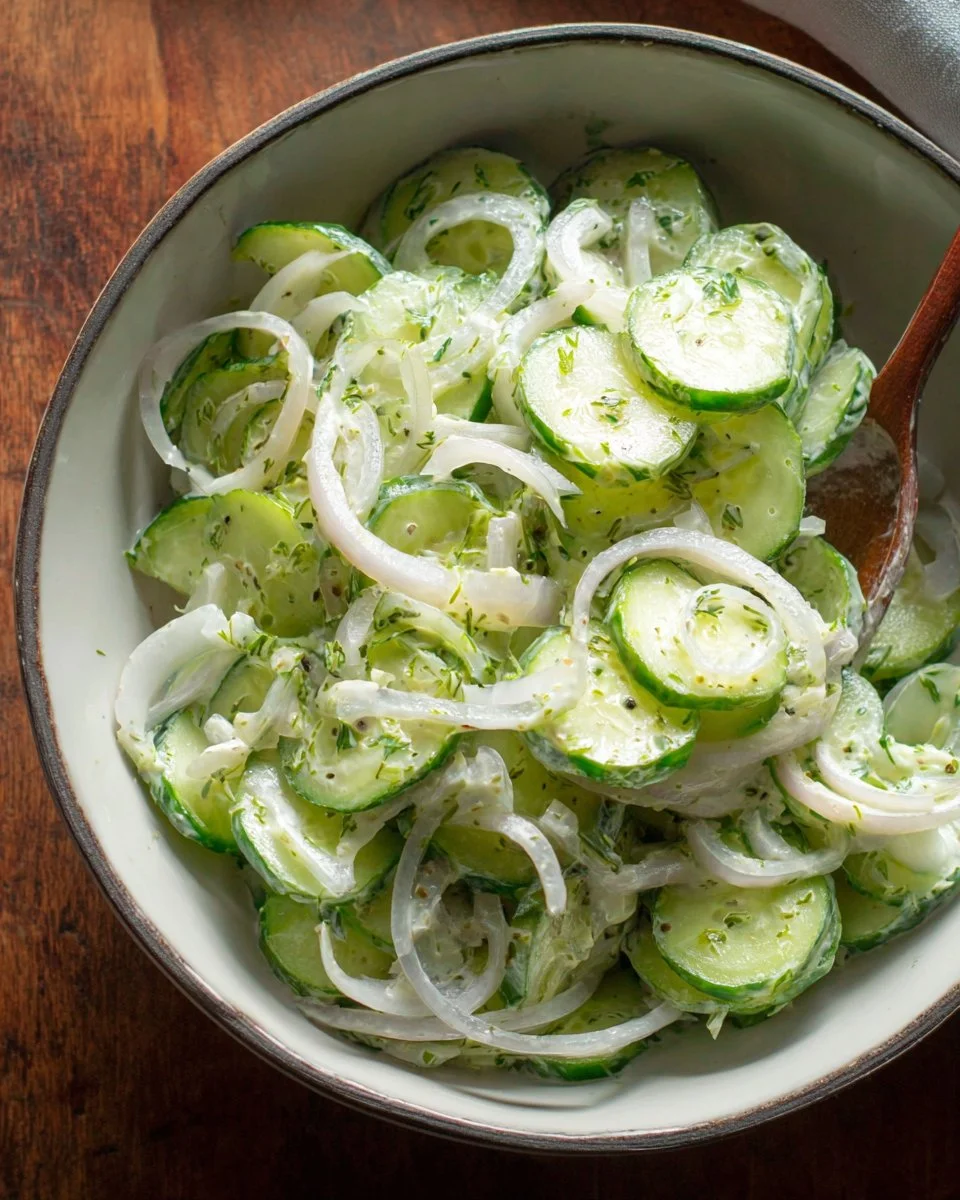 Creamy Cucumber Onion Salad with fresh vegetables and dressing