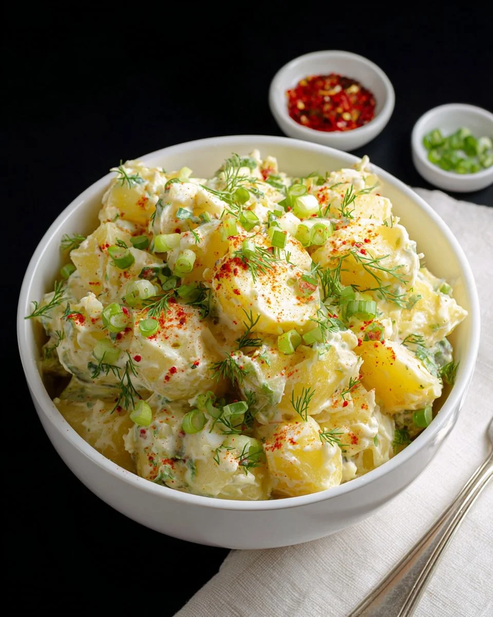 Delicious creamy potato salad served in a bowl with fresh herbs.