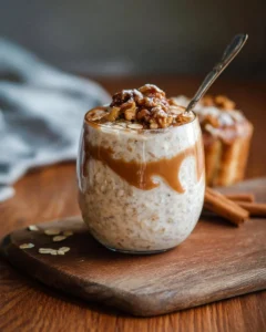 Bowl of delicious cinnamon roll overnight oats garnished with cinnamon and nuts