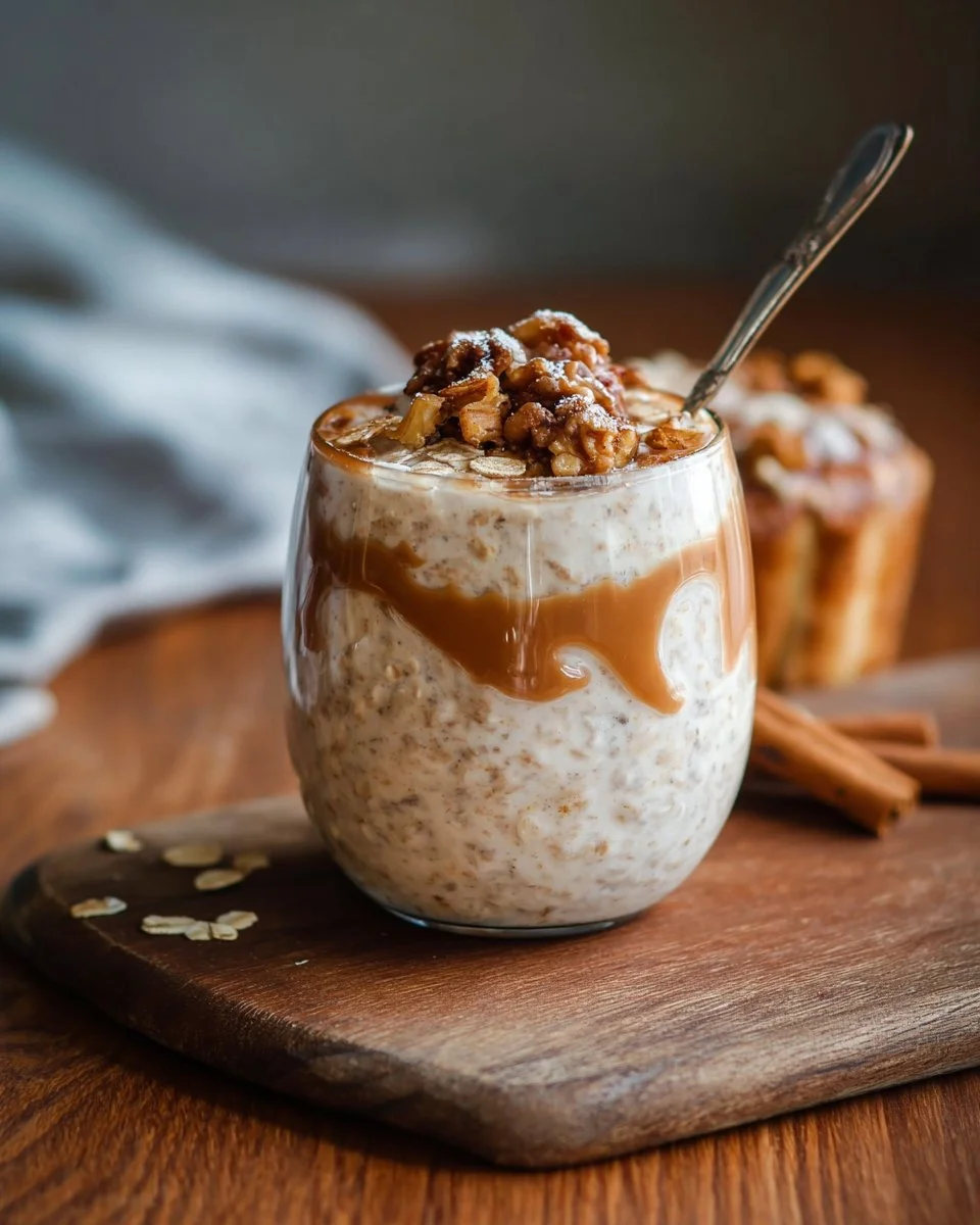 Bowl of delicious cinnamon roll overnight oats garnished with cinnamon and nuts