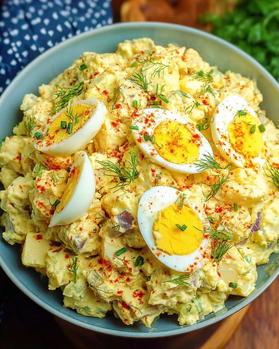 Delicious deviled egg potato salad served in a bowl with garnish.