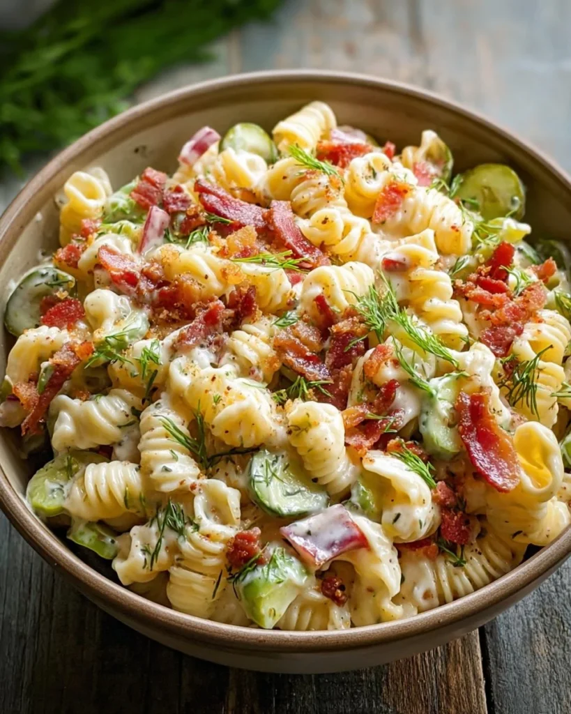 Dill Pickle Bacon Pasta Salad with crispy bacon and fresh dill pickles