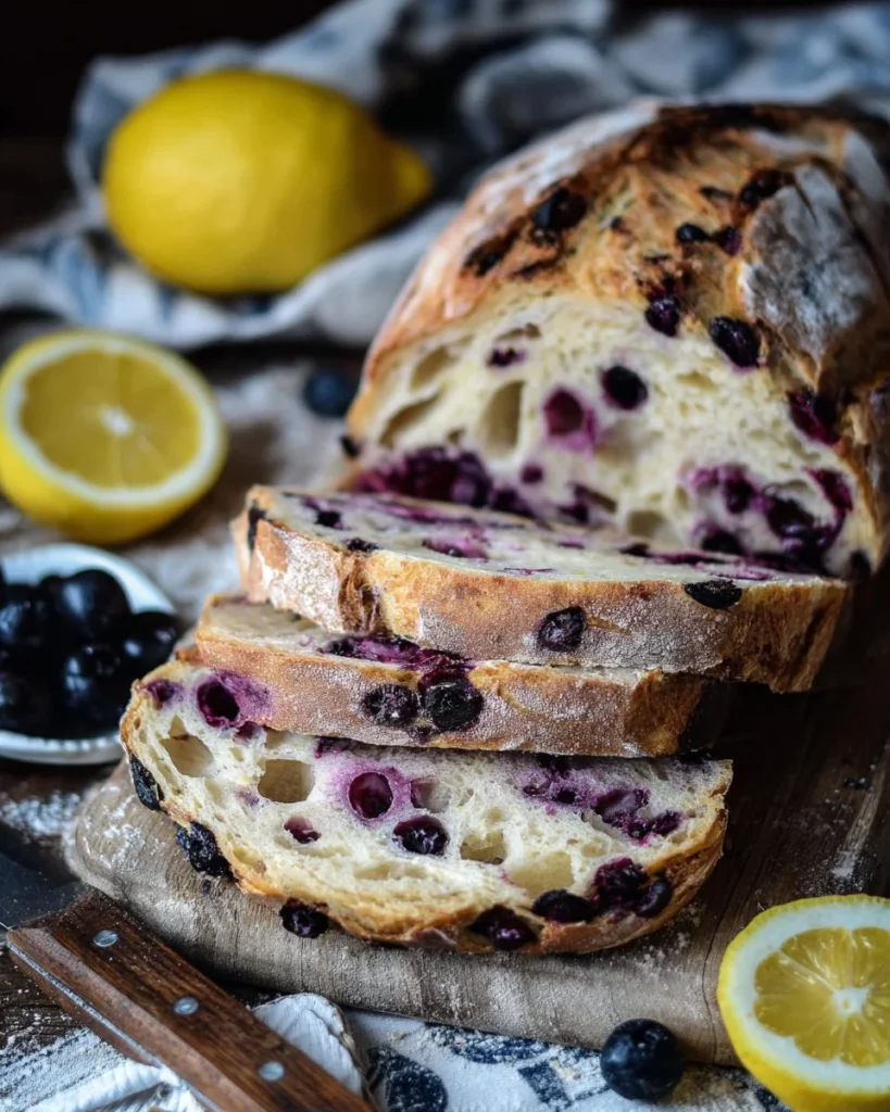 Freshly baked lemon blueberry sourdough bread on a wooden cutting board