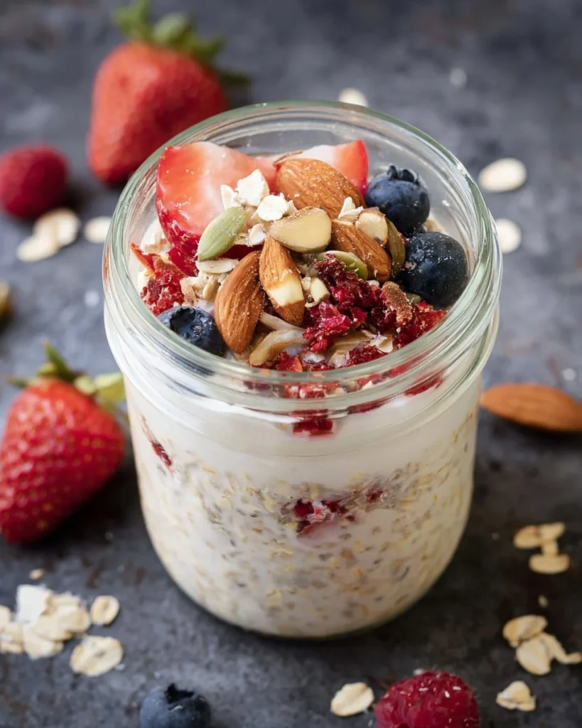Bowl of easy overnight oats topped with fruits and nuts