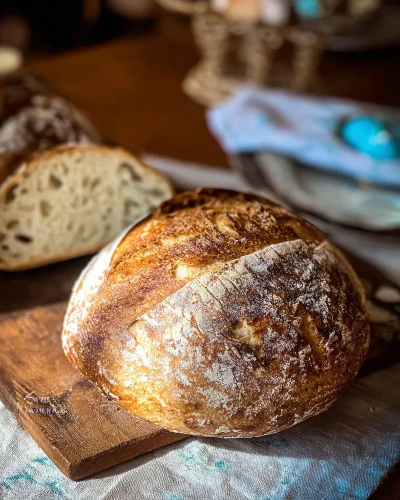 Loaf of easy overnight sourdough bread fresh out of the oven