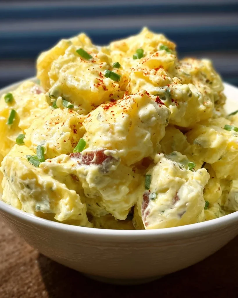 Bowl of easy Southern potato salad with diced potatoes and dressing